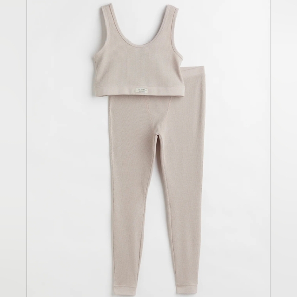 H&M Pajama tank top and Long Pants in Waffle Texture, cotton-blend Cream Sz M - Picture 2 of 10